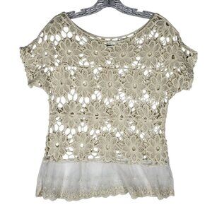 Bohemian Crochet Lace Top Women's Small Cream Short Sleeve Coastal Cottagecore